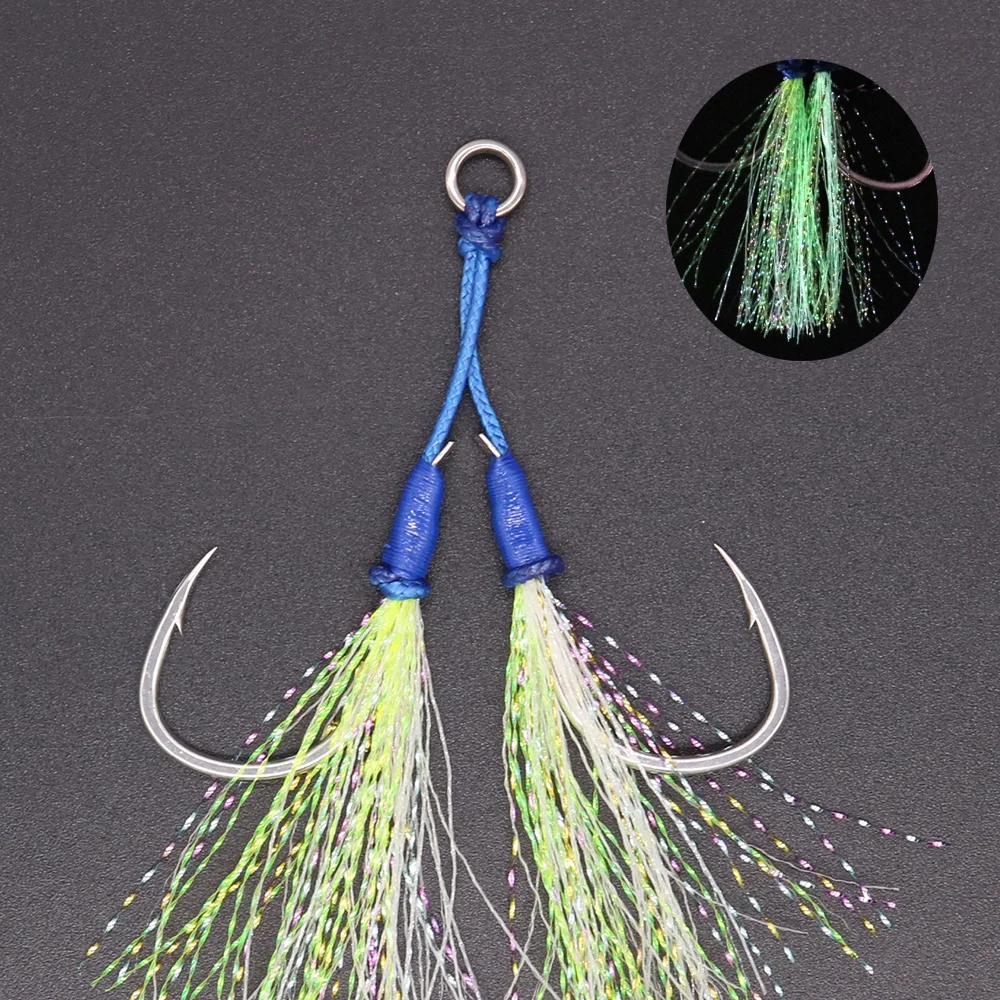 CASTFUN Luminous Double Assist Hooks Slow Jigging Hooks With Glow Feather  Fishing hook For Go Fishing Fishing Gear