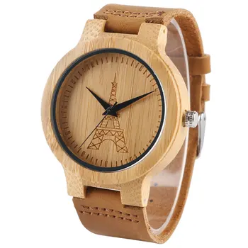 

Carving Unique Eiffel Tower Bamboo Wristwatch Quartz for Men with Genuine Leather Watchband Hot Sale Fashion Male Watches Gifts