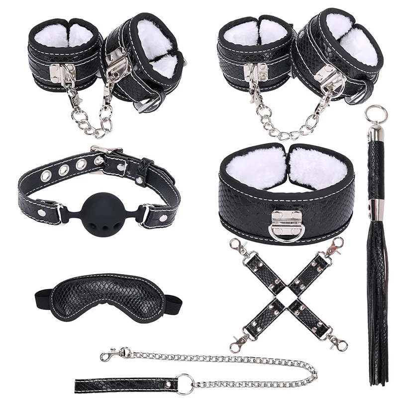 

8Pcs Velvet Handcuffs Ankle Cuffs Gag Whip Collar Erotic Toy PU Leather Fetish Sex Bondage Restraint Set Sex Toy for Couple Men