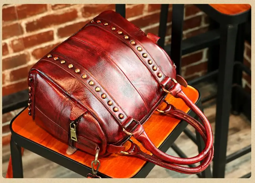 CHSANATO, винтажные сумки из натуральной кожи для женщин, новинка, для отдыха, тренд, дамская сумка с заклепками, Бостонская сумка для девушек, сумочка