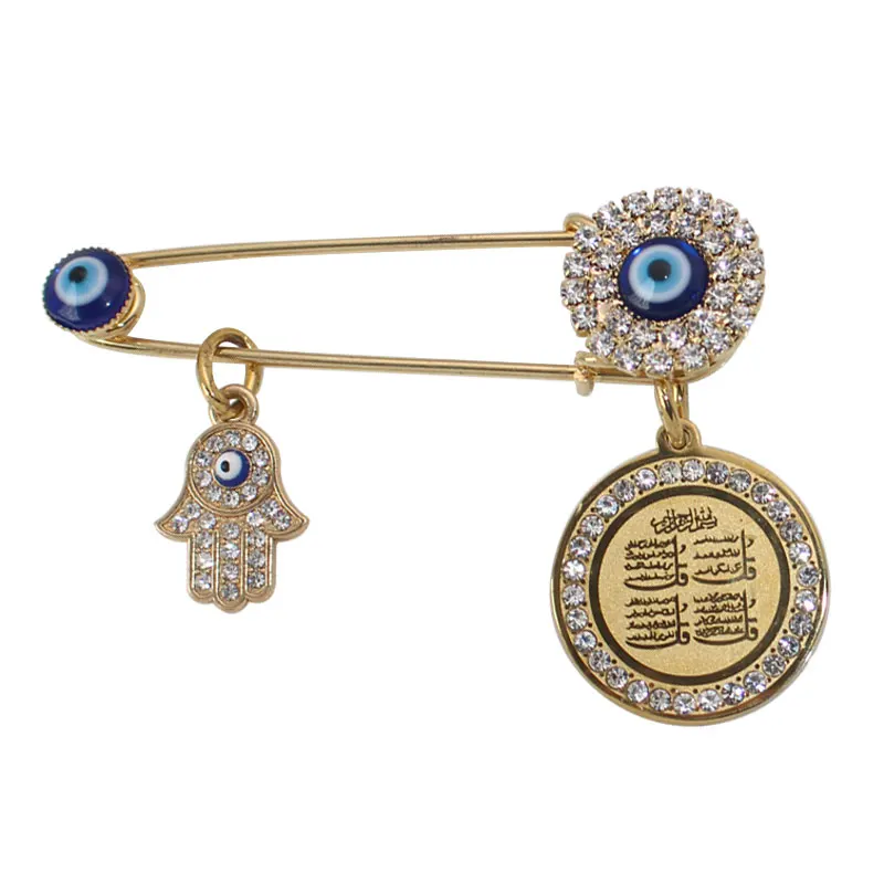 

ZKD muslim islam hamsa hand of fatima four Qul suras Turkish evil eye Scarf Hijab crystal Stainless Steel Pin brooch Baby Pin