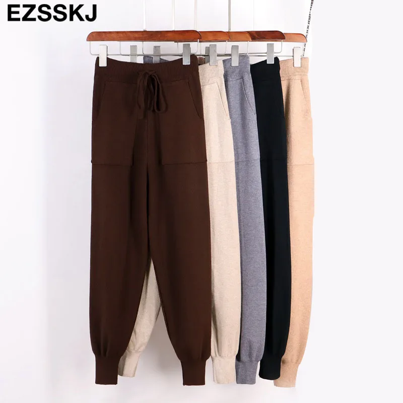 

Women Casual Harem Pants Loose Trousers For Women Knitted Pants Autumn Winter Solid Color Sweater Trousers With Pockets