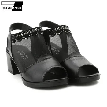 

Summer 2019 Med Heels Gladiator Sandals Women Thick Heel Crystal Mesh Peep Toe Sandals Comfortable Black Sandalias Plus Size