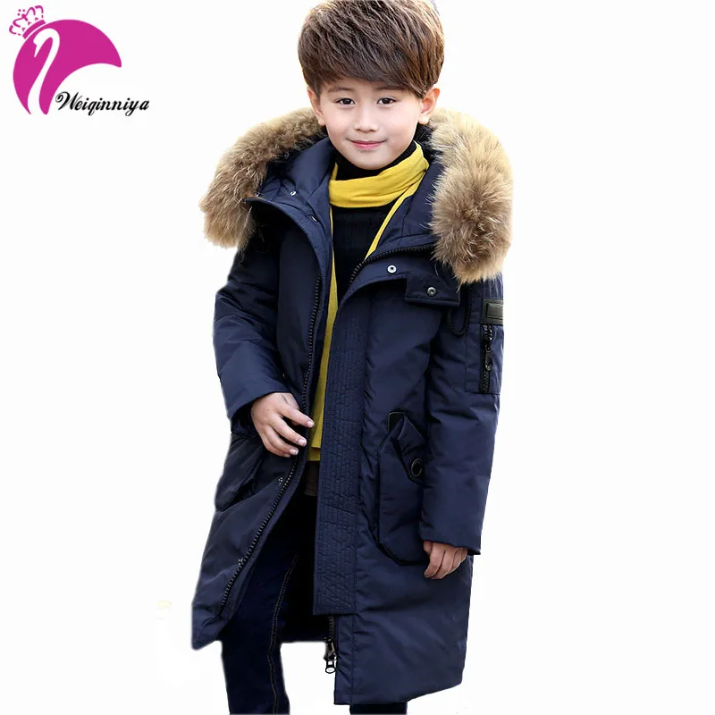 

Children Boys White Duck Down Coat New Brand 2017 Fashion Fur Hooded Thick Parka Warm Kids Clothes Casual Long Jacket Outwears