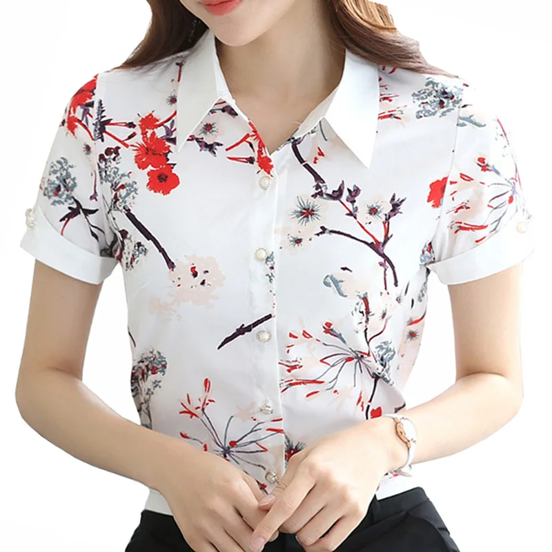

Fashion Printed Lady White Chiffon Blouses Plus Size S-4XL Short Sleeve Clothing Girls Casual Summer Shirts