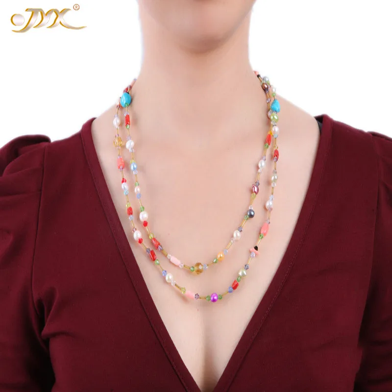 

JYX Long Pearl Necklace 6-7mm Multicolor Freshwater Pearl with Irregular Coral Opera Necklace