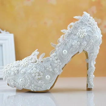 

white color lace and pearl women wedding shoes lace high-heeled shoes bridal pearl shoes red color shoes
