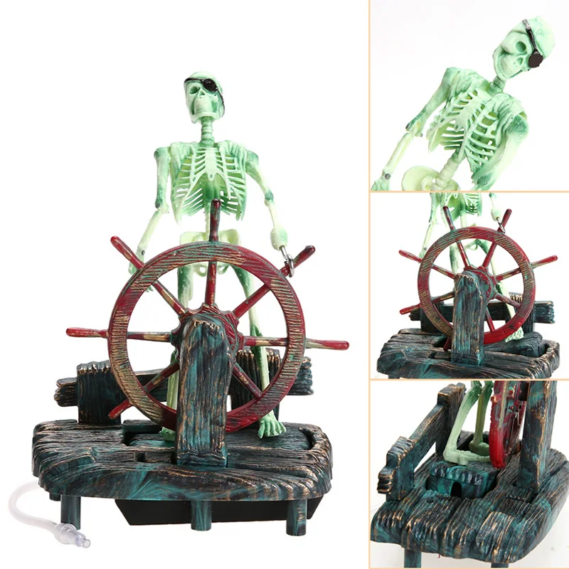Resin Pirate Skull Captain Aquarium Decorations Landscape Skeleton Wheel Action  Fish Tank Statue Ornament Aquarium Decoration6