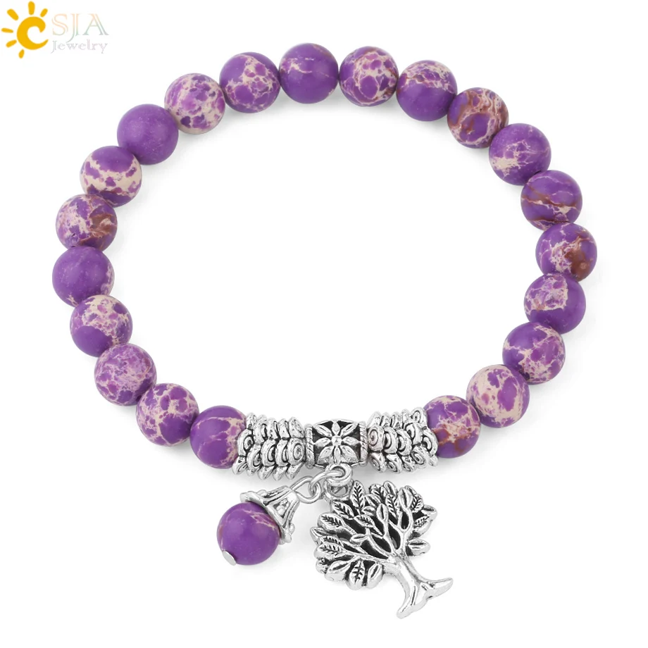 

CSJA 8mm Round Beads Tree of Life Charms Bracelets for Women Men Turquoises Elastic Beaded Bracelet Bangles Fashion Jewelry F946