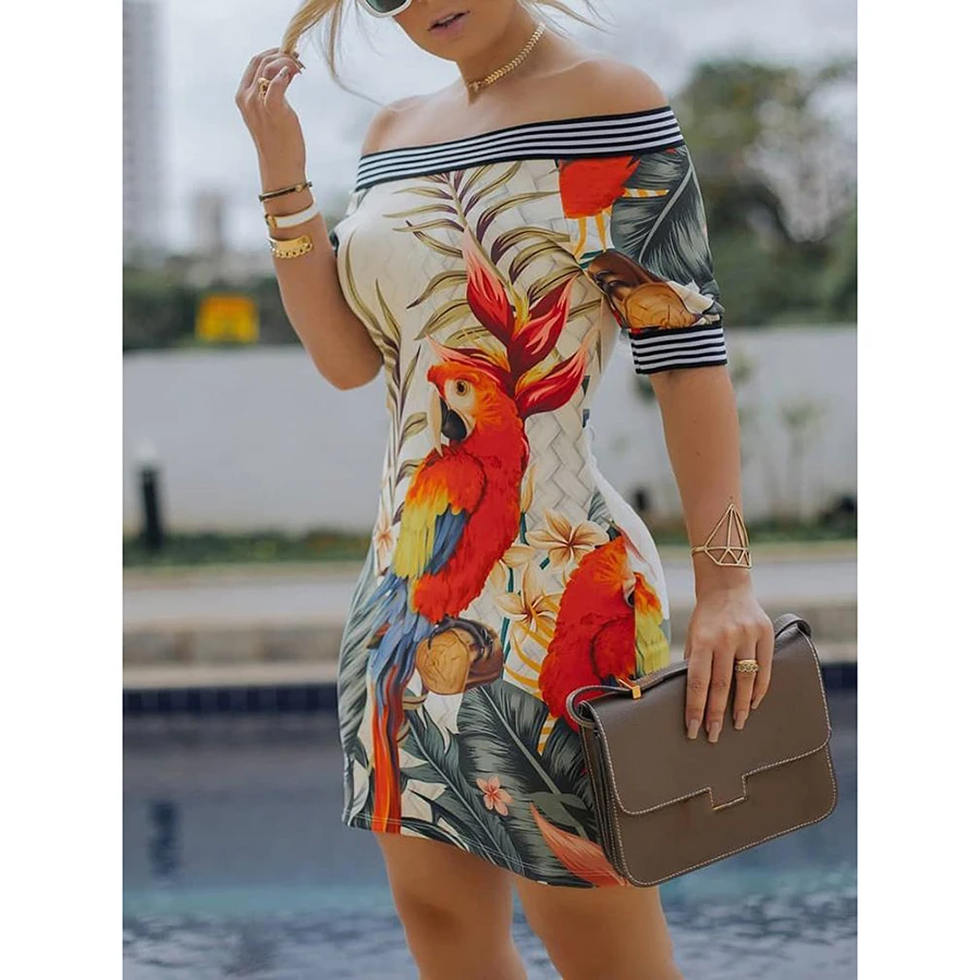 Novedad de primavera del 2019! vestido sexi ajustado para mujer de JOYINPARTY, vestido a la moda cuello de palabra y cinta con patrón de pájaro, vestido con costuras|Vestidos| - AliExpress