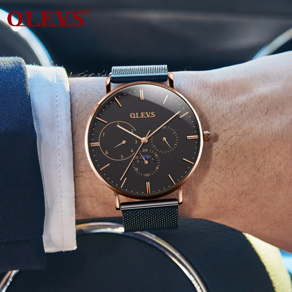 OLEVS Watch men waterproof luxury Big dial Clock relogio masculino Fashion Milanese band Genuine Leather Moon phase watches saat