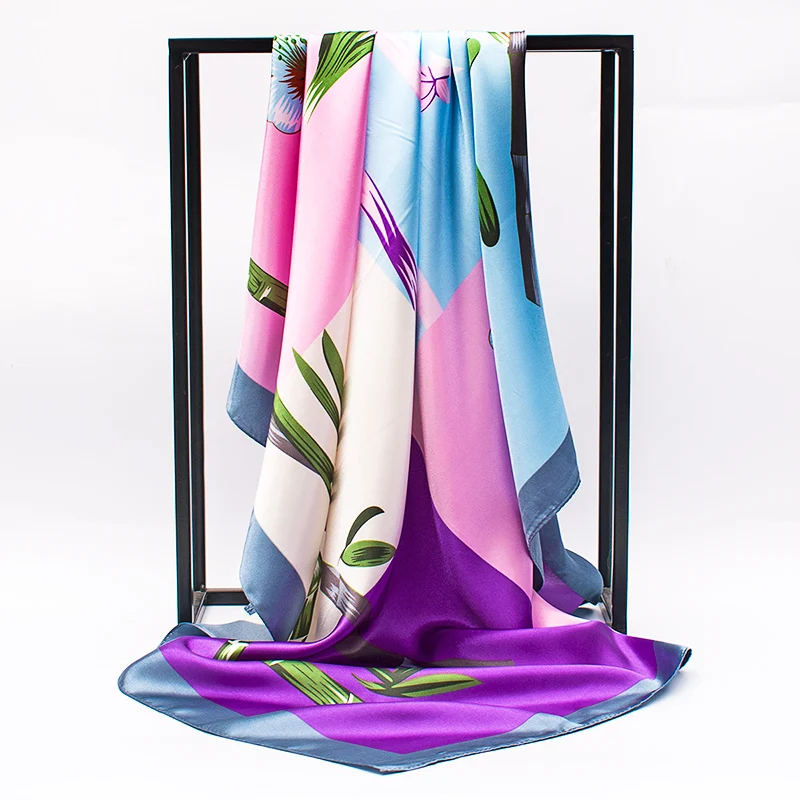 

Fashion Head Silk Scarf Women Colors Shawl Foulard Femme Luxury Brand Wraps Flower Print Satin Square Scarves Muslim Hijab