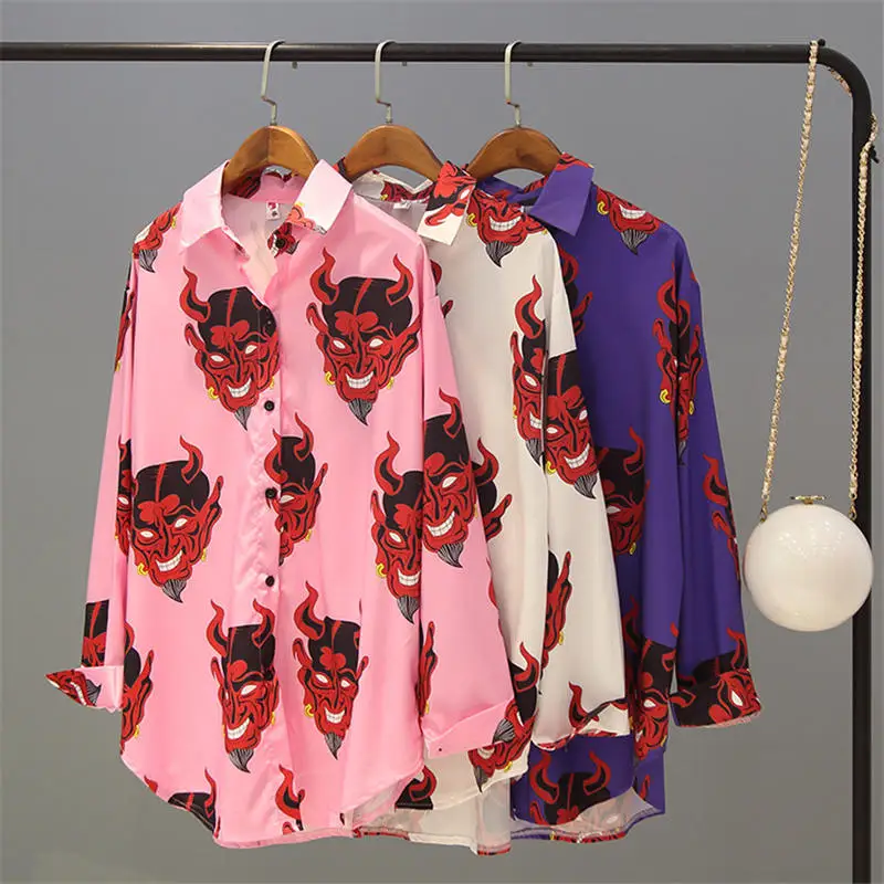 Neploe, Японские Женские блузки, с принтом дьявола, с длинным рукавом, розовая блузка, Harajuku, блузки для женщин, топы, женские длинные рубашки 36960