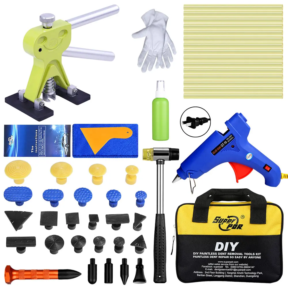 

Super PDR Car Dent Puller Suction Cups Glue Tabs Paintless Dent Removal Kit Hot Adhesive Glue Sticks Hot Glue Gun Hand Tools Set