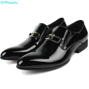 

QYFCIOUFU Brand Italian Fashion Handmade Genuine Leather Men Black Patent Leather Formal Shoes Business Wedding Dress Shoe Male