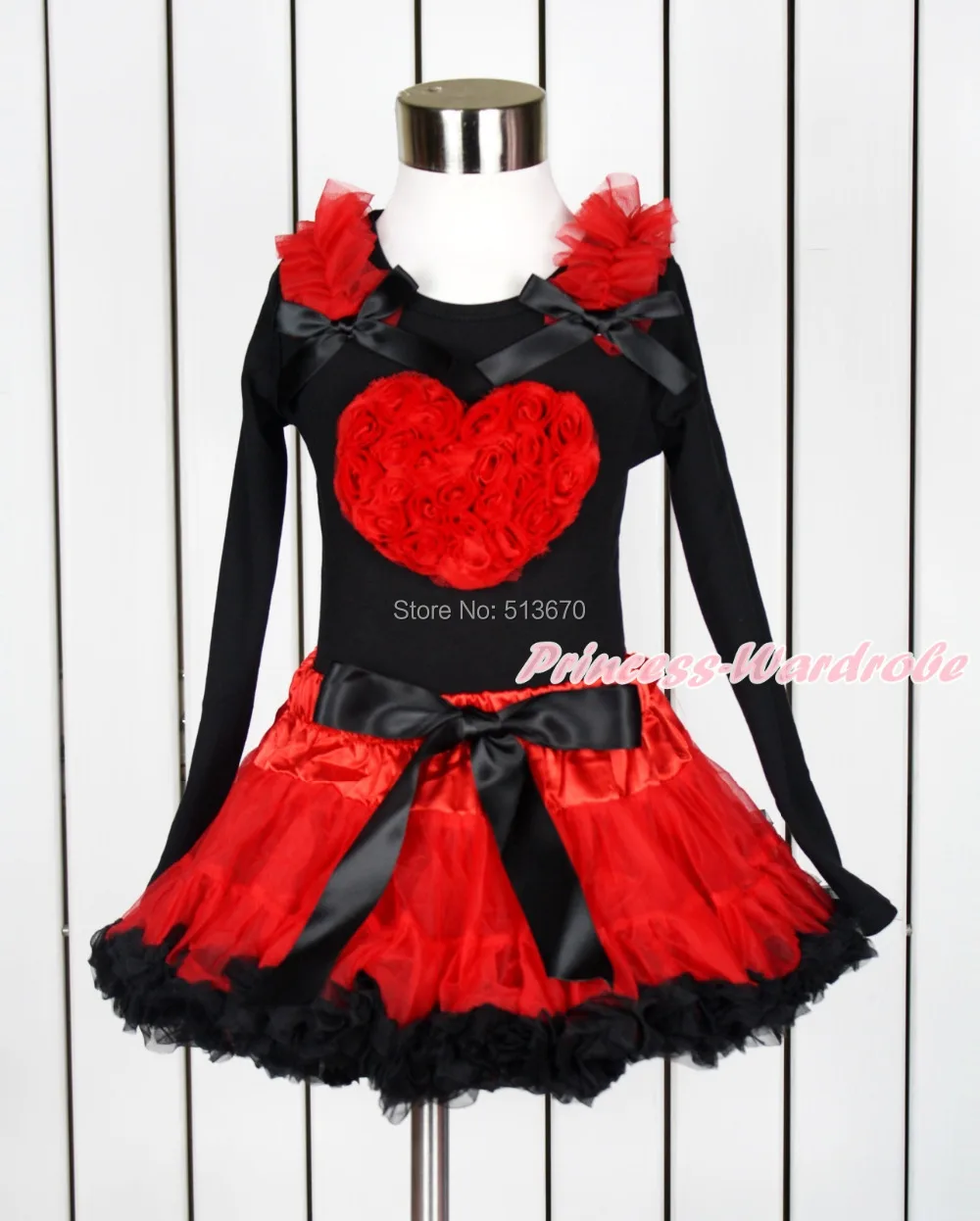 

Valentine Romantic Rose Heart Black Pettitop Hot Red Black Pettiskirt Set 1-8Y MAPSA0108