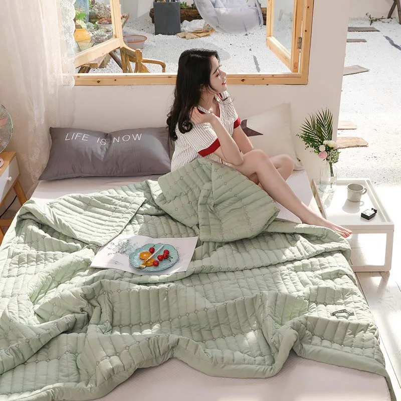 Моющееся хлопковое тонкое летнее одеяло с вышивкой, одеяло для дивана, домашнее покрывало, покрывало для дивана, покрывало с кондиционированием воздуха - Цвет: Tea green