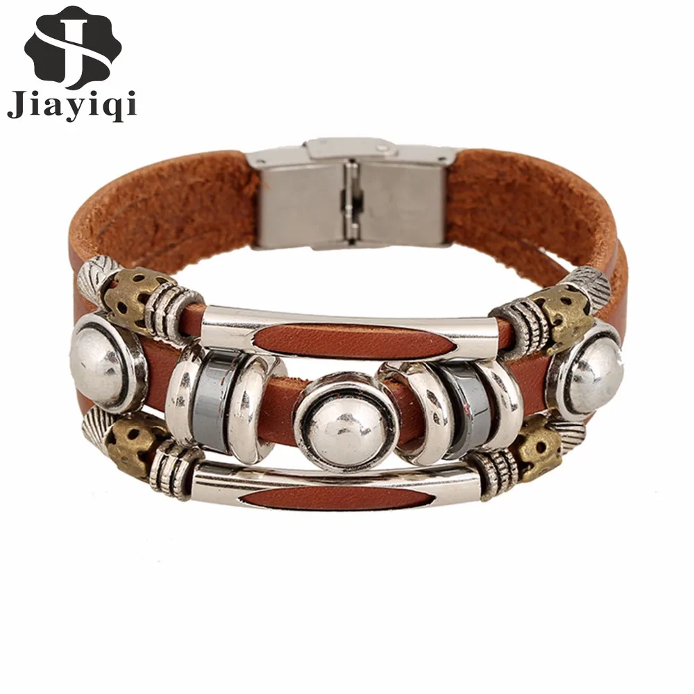 

Jiayiqi 2017 HOT Vintage Men Beads Leather Bracelets Multilayer Brown Color Punk Bangle For Women/Men Charm Jewelry Accessory