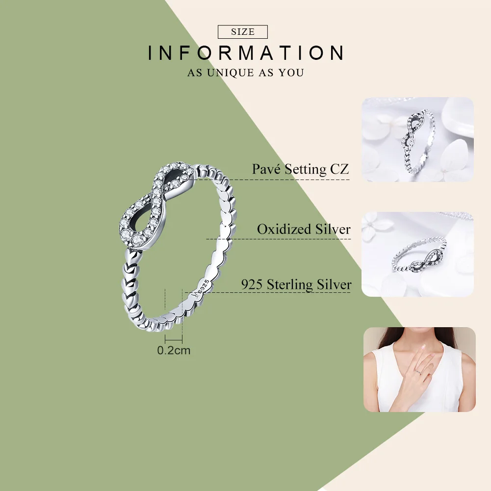 BAMOER Romantic 925 Sterling Silver Infinity Love Forever Heart Clear CZ Finger Ring for Women Sterling Silver Jewelry SCR414