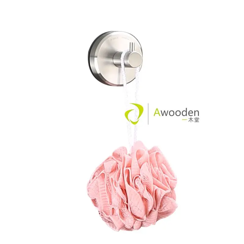 Awooden towel hook self adhesive NO DRILLING vacuum suction cup metal brushed finish for bath toilet kitchen garage storage