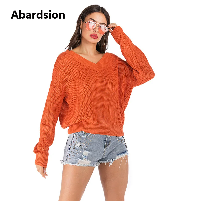 

Abardsion Women'S Knitted Sweater 2019 Casual Loose Orange Pullovers Autumn Winter Warm Long Sleeve V Neck Oversized Sweaters