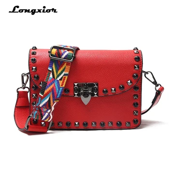 

Fashion Women Messenger Rivet Bags small Female Flap Shoulder Bags brand luxury design 2 Wide shoulder straps Messenger Bag red