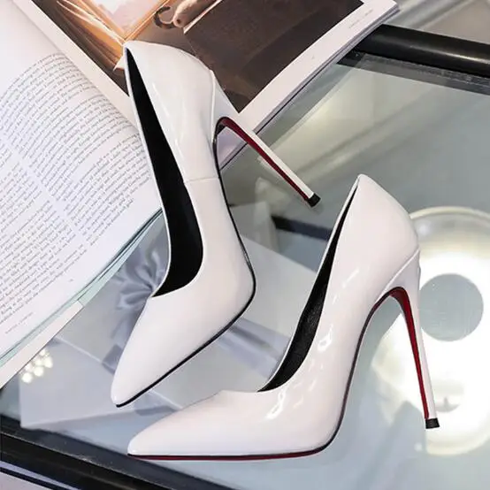 Брендовая обувь; женская обувь на высоком каблуке; женские туфли-лодочки; женские туфли на шпильке; красные свадебные туфли на высоком каблуке 12 см из искусственной кожи - Цвет: Белый