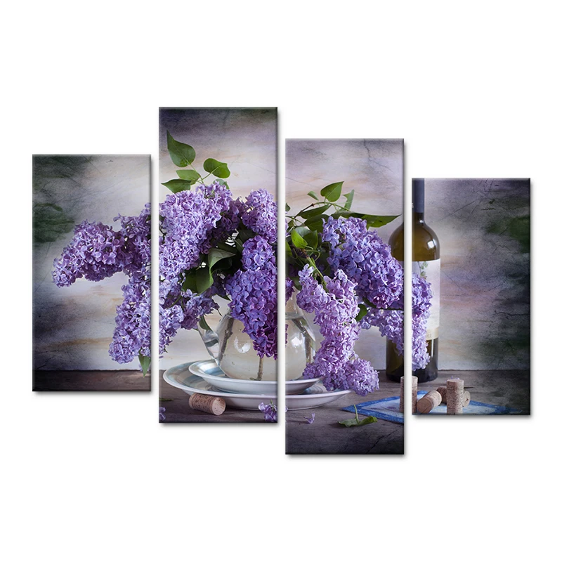 

Modern 4 Pieces Canvas Art Wall Still Life Painting Lilac In Vase And Wine Home Decor Wall Pictures For Living Room Unframed