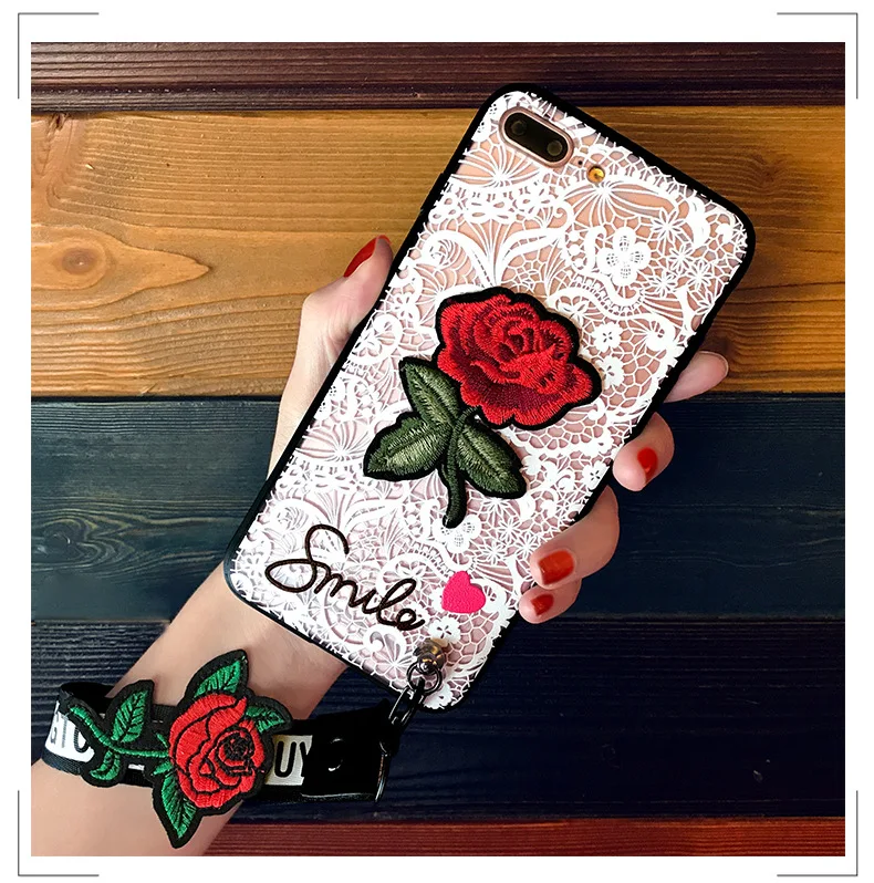 luxury brand Square embroidery 3d rose flower case for iphone 7 girl