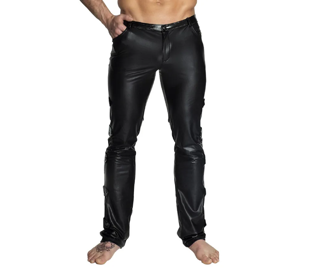 

M-2XL Black Shiny PU Leather Pants Men Elastic Slim Fit Trousers Male Casual Motorcycle Faux Leather Jogger Pants