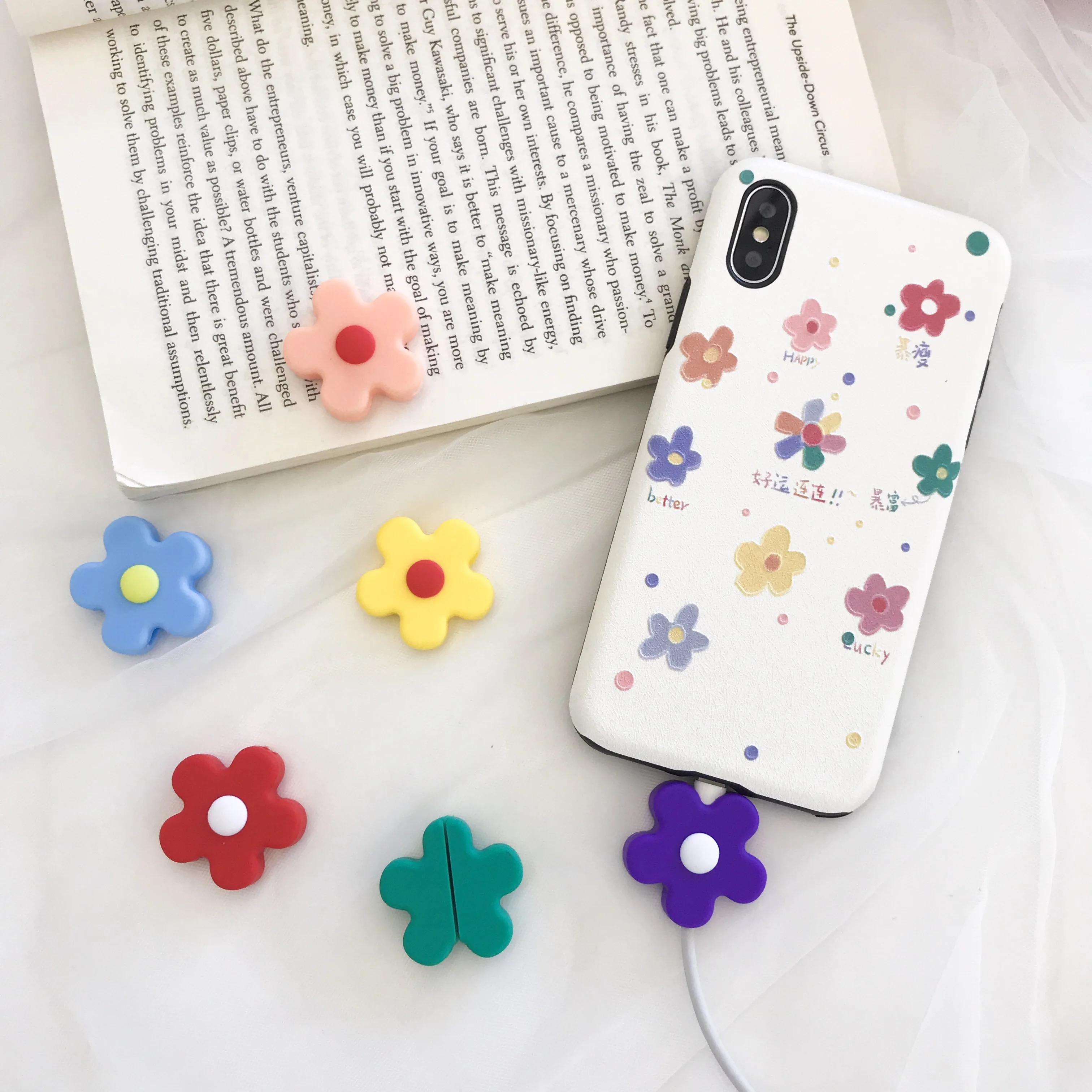 

Cartoon Flower Cable Protector Data Line Cord Protector Protective Case Box Cable Winder Cover For iPhone USB Charging Cable