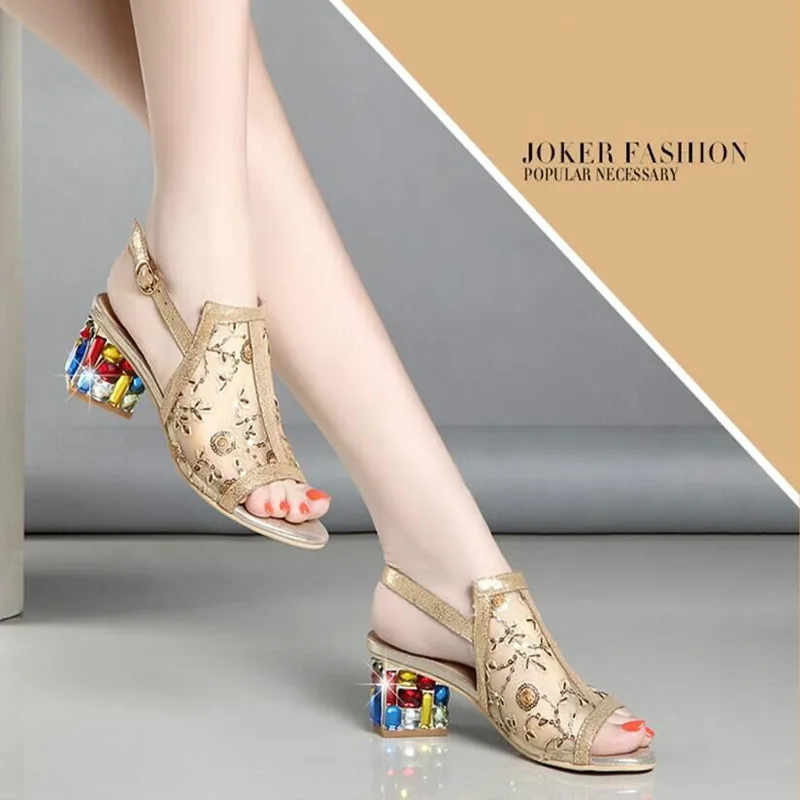 

2019 brand large size 40 elegant crystal thick high heels summer women's shoes ladies color sandals luxury women shoes NY-35