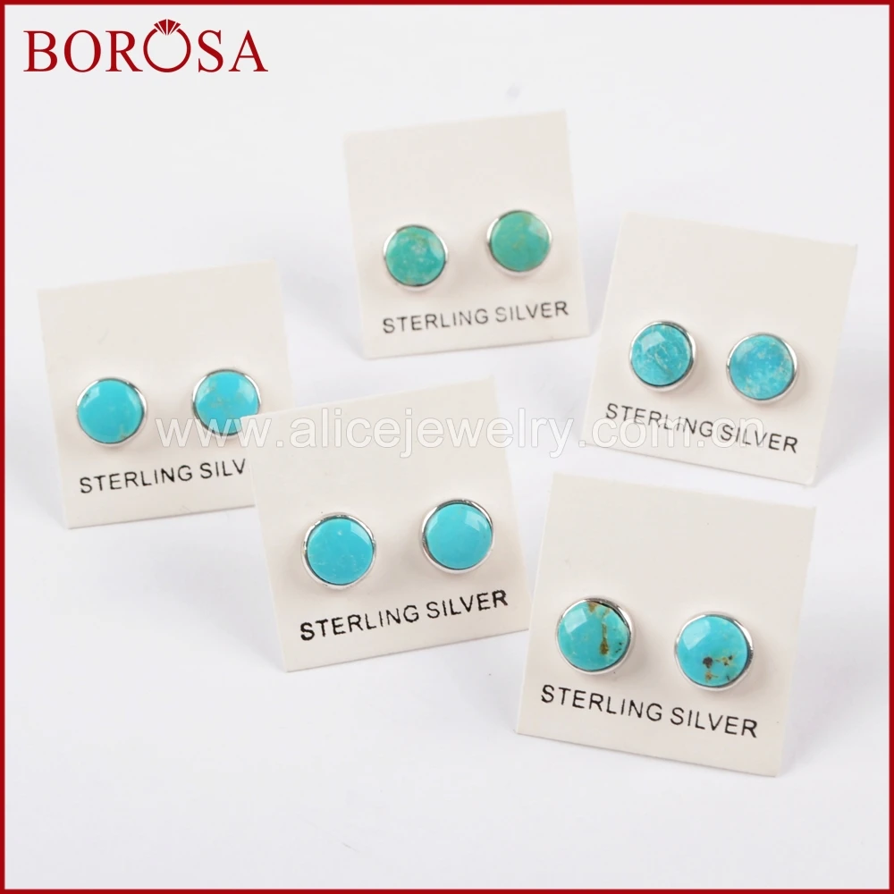 

BOROSA Quality Druzy Pure Silver Color Stud Earrings Round Silver Plated 100% Natural Blue Stone Stud Earrings for Women SS186