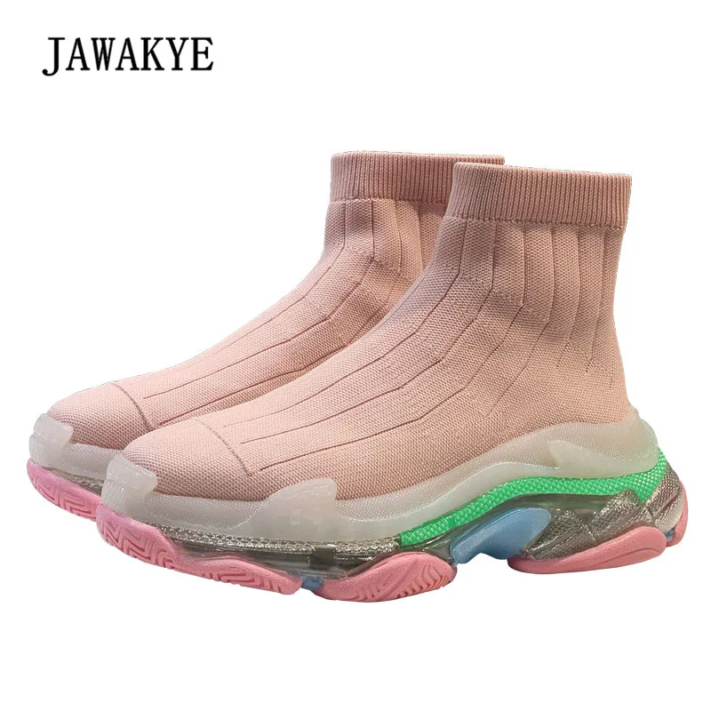 

2018 Chic Yellow Blue Knit Sock Boots Women Round Toe Black Pink Purple Mixed Color Thick Bottom Running Shoes Women Ankle Boots