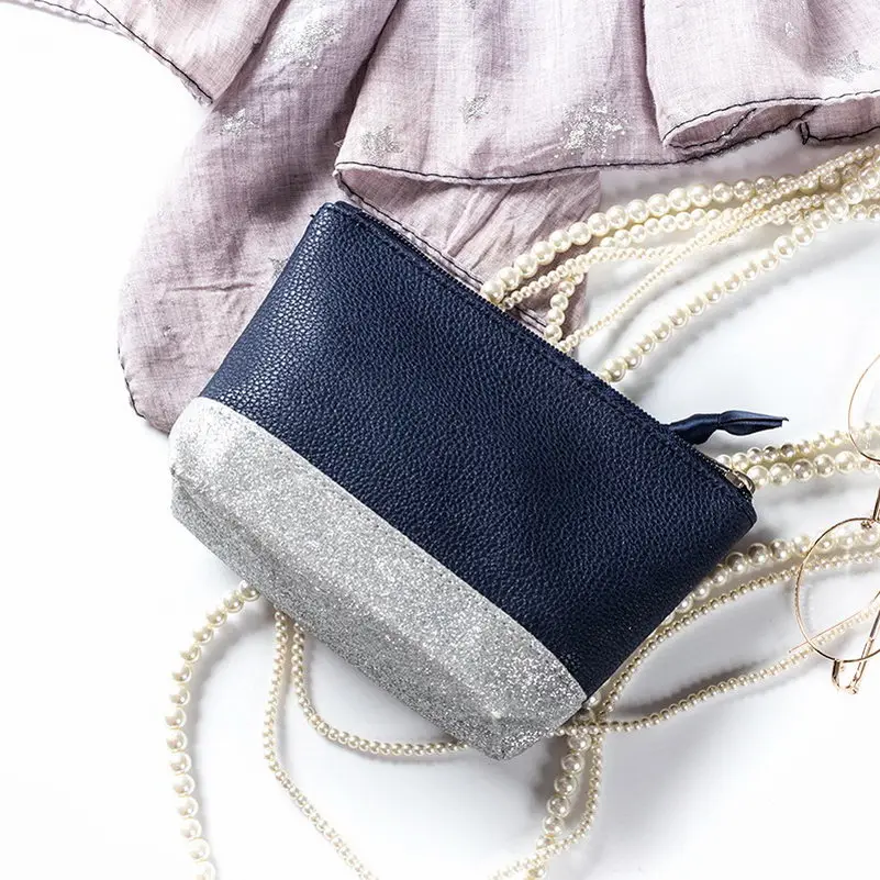 

KANDRA Sliver Navy Patchwork Glitter Leather Cosmetic Bag for Women Summer Waterproof Travel Organizer Zipper Pouch Small Purse