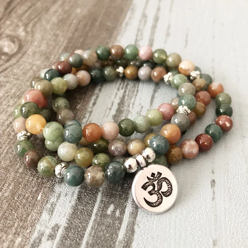 

6mm india Stone wrapped OM bracelet India stone yoga bracelets for men 108 Fancy Mala Beads bracelet