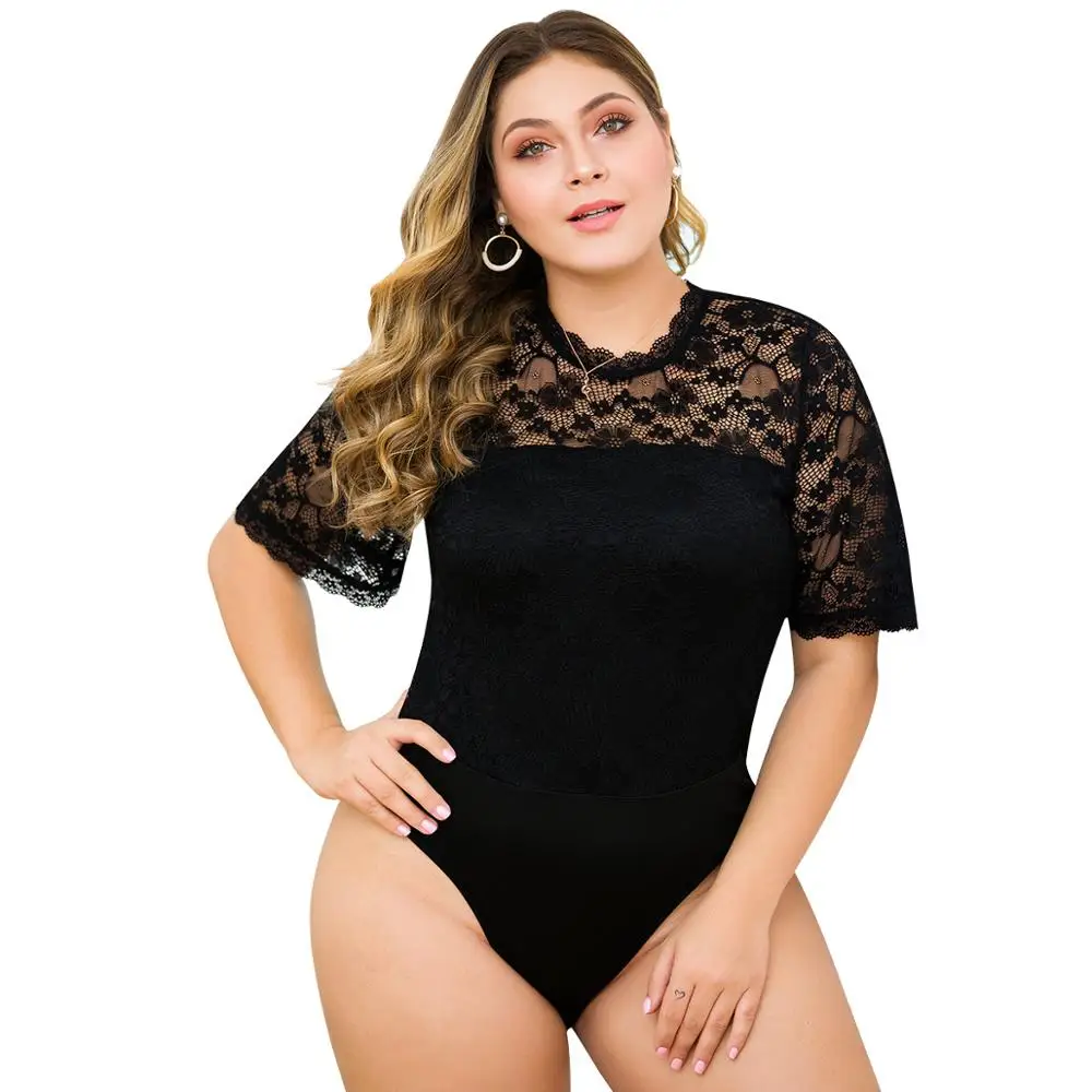 

Summer Plus Size 3XL 4XL Flower Lace Bodysuits Women Round Neck Patchwork Mesh Floral Short Sleeve Sexy Black Bodysuits Ladies