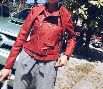 

Women faux leather jacket long sleeve PU brand coat red big size XS size XL motorcycle biker jaquetas casacos de couro feminine