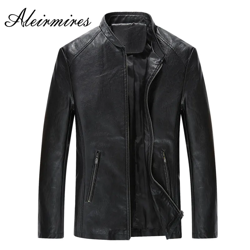 Aleirmires 5XL Men Leather Jacket 2018 Autumn Business Casual Stand Collar Solid Zipper Male Faux Leather Jackets Black Blue Red