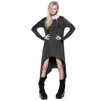 

Punk Summer Casual Dress Long Sleeve Wool Knitted Dress Irregular Binding Dress Long-Sleeved Cross-Tie Woolen Loose Dress