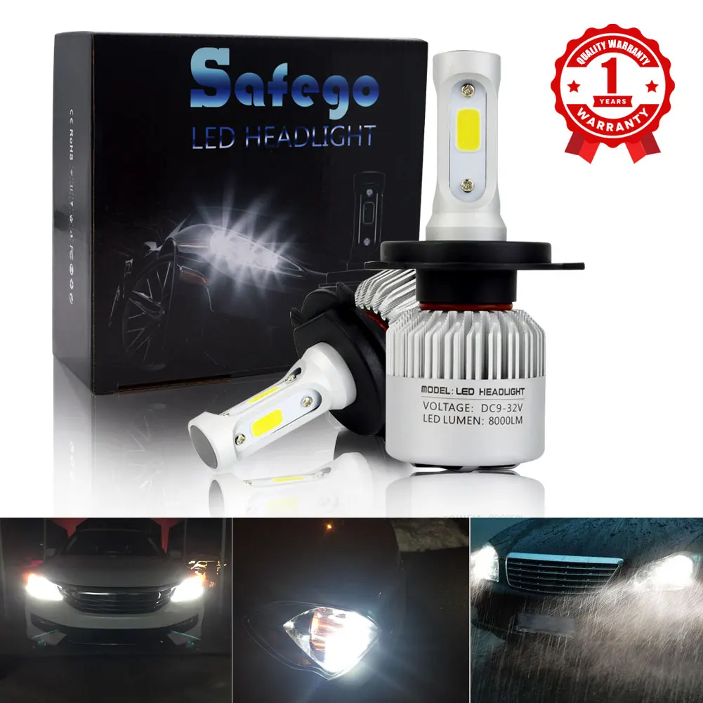 Safego H4 Hi-lo Beam H7 9005 HB3 9006 HB4 H11 H9 H8 Auto LED Headlight Bulbs kit 8000lm COB Chip 12V 24V 6500k