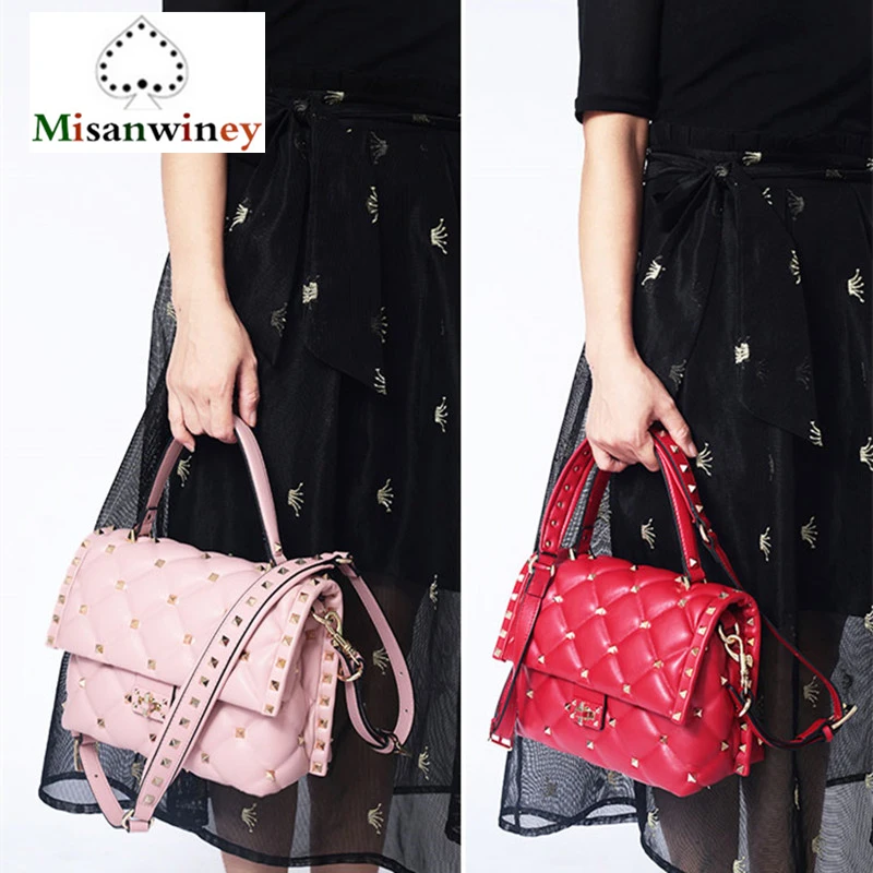 

Luxury Brand Designer Genuine Leather Totes Women Real Sheepskin Leather Handbags Diamond Lattice Rivets Shoulder Messenger Bags