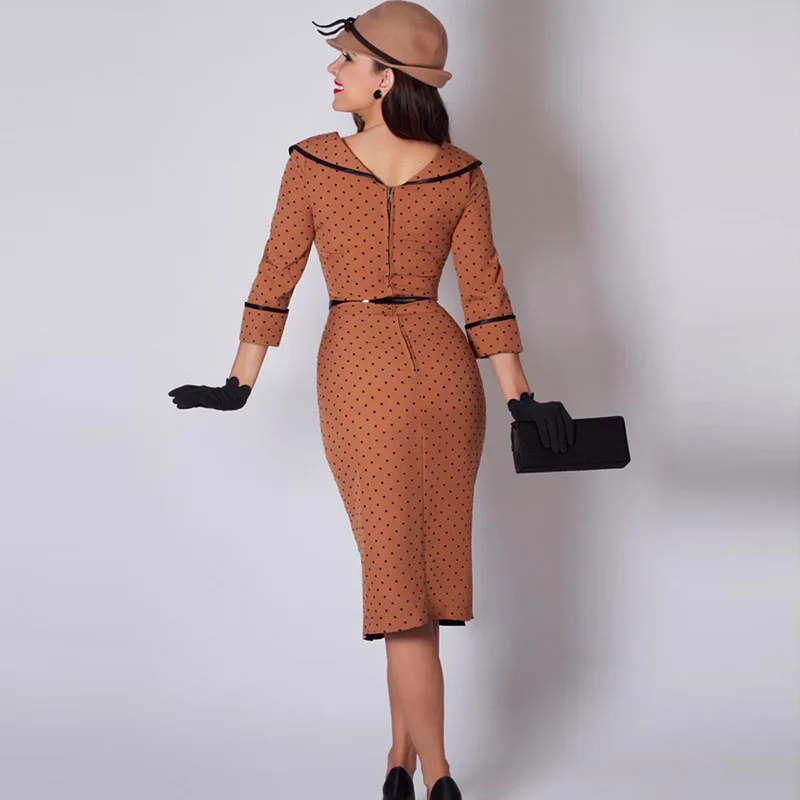 Kinikiss осеннее винтажное платье из трикотажной ткани в горошек облегающее платье на пуговицах с открытой спиной коричневое элегантное сексуальное платье-карандаш на молнии