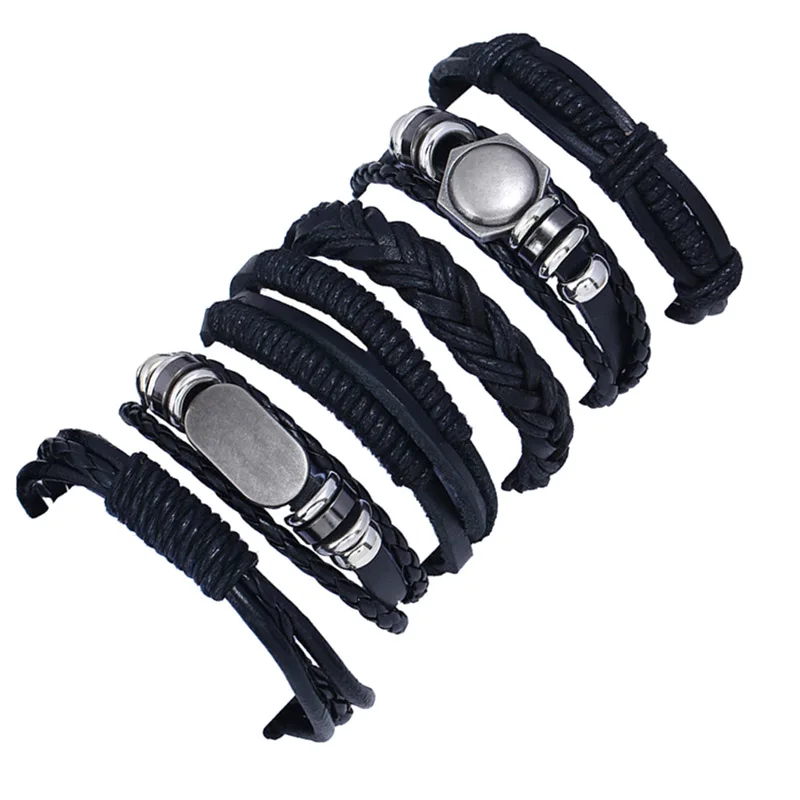 

Wholesale Vintage Genuine Black Leather Bracelets For Women 6pcs/set Punk Rock Multilayer Braided Rope Bracelet Men Jewellery