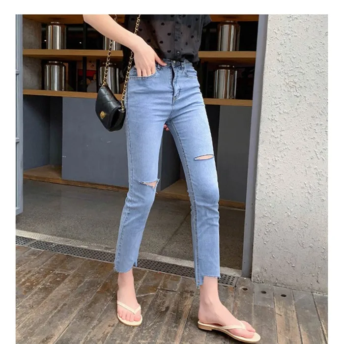 2019 рваные джинсы женская летняя новая Корейская версия тонкая высокая талия маленькая нога узкие девять точек брюки