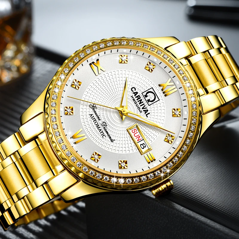 

Carnival Mechanical Gold Watch Men Diamond Sapphire Waterproof Luminous Day -Date Male Wristwatch