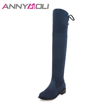 ANNYMOLI Winter Boots Women Over The Knee Boots Warm Flat Slim Stretch Thigh High Boots Lacing Shoes 2017 Plus Size 45 Blue Red