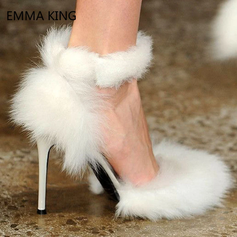 

2019 New Pumps Fur High Heel Gladiator Sandals Women Sexy Pointed Solid Shallow Ladies Shoes Fashion Model Runway Party Shoes