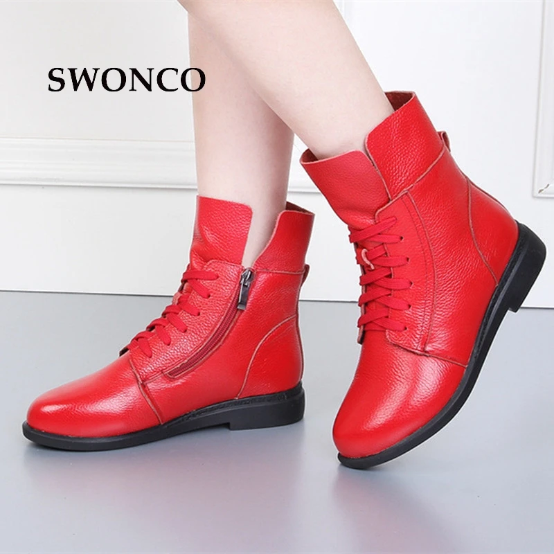 SWONCO Women's Ankle Boots 2018 Autumn Winter Genuine Leather High Top Laides Shoes Winter Boots Women Leather Shoes Ankle Boot Women's Shoes