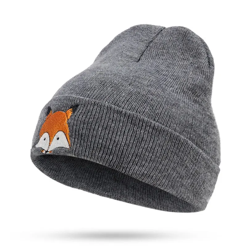

New Autumn Winter Outdoor Crochet Women Skullies Hat Fox Embroidery Print Head Cap Lady Knitted Warm Cap Women Beanies Cap